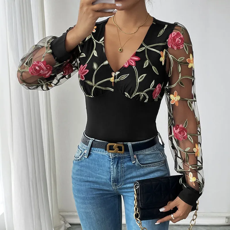 2024 New Women's Clothing Mesh Black Stitching Long-Sleeved Jumpsuit