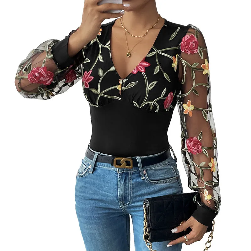 2024 New Women's Clothing Mesh Black Stitching Long-Sleeved Jumpsuit