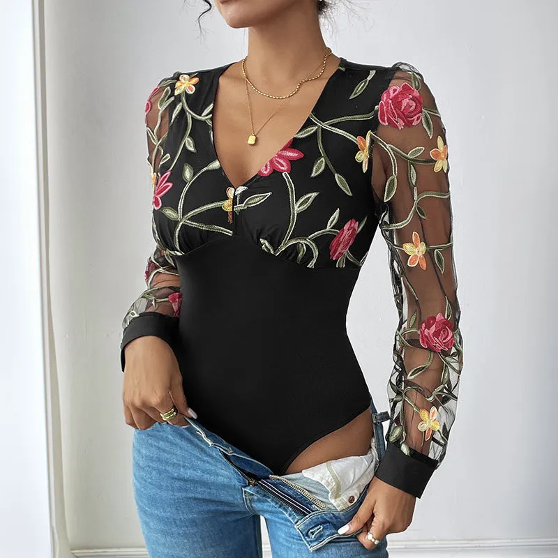 2024 New Women's Clothing Mesh Black Stitching Long-Sleeved Jumpsuit