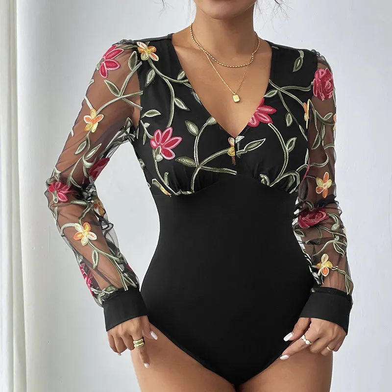 2024 New Women's Clothing Mesh Black Stitching Long-Sleeved Jumpsuit