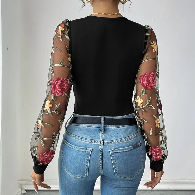 2024 New Women's Clothing Mesh Black Stitching Long-Sleeved Jumpsuit