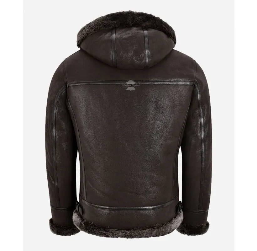 A PILOT Sheepskin Jacket Men's Hooded Shearling Fur B3 Bomber Jacket
