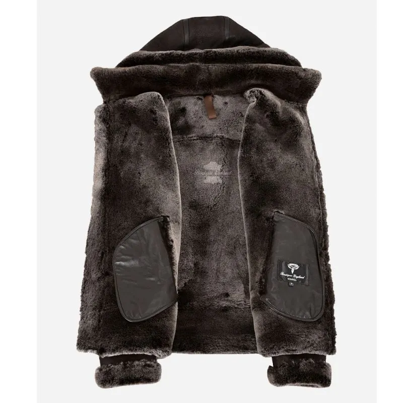 A PILOT Sheepskin Jacket Men's Hooded Shearling Fur B3 Bomber Jacket