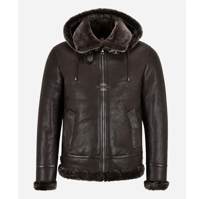 A PILOT Sheepskin Jacket Men's Hooded Shearling Fur B3 Bomber Jacket