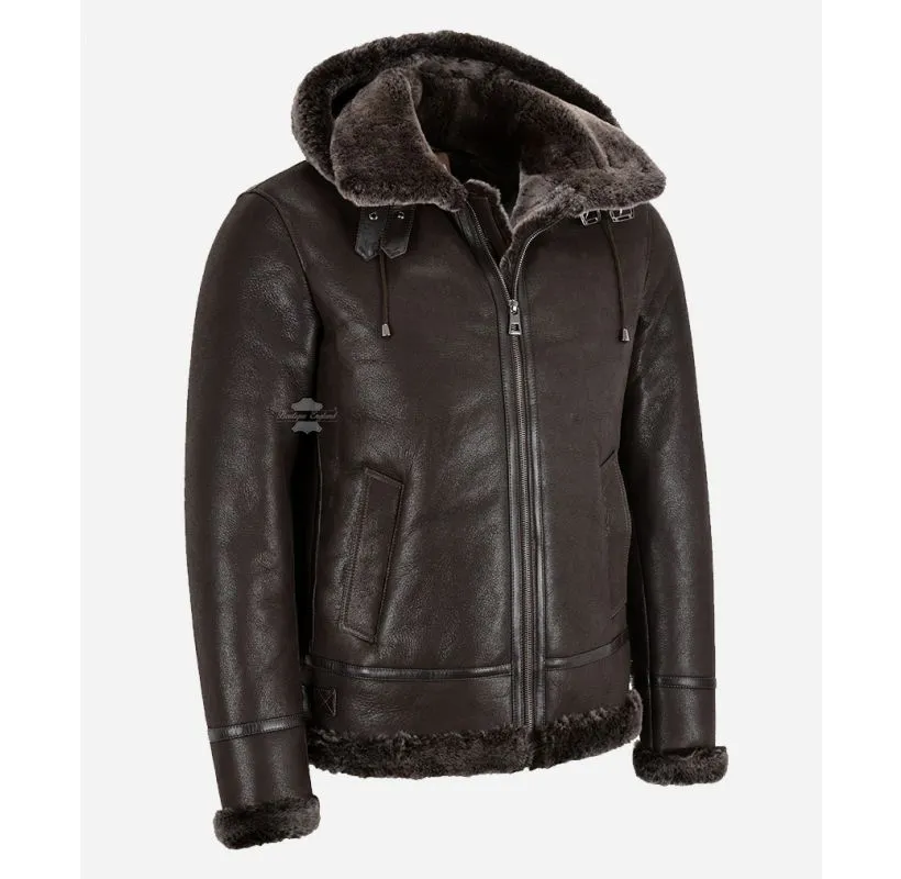 A PILOT Sheepskin Jacket Men's Hooded Shearling Fur B3 Bomber Jacket