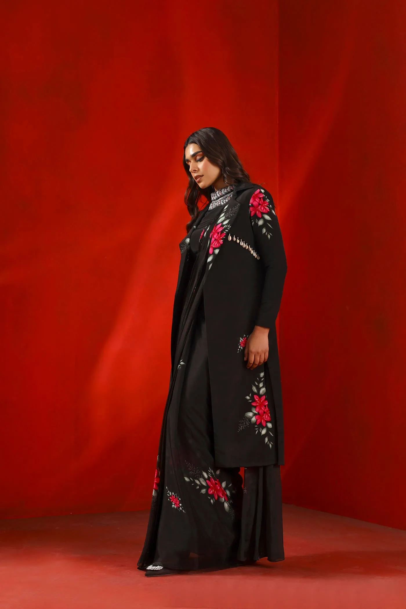 Black magnolia silk trench coat