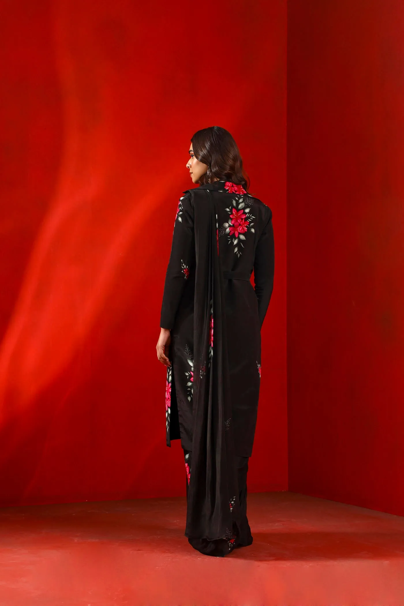 Black magnolia silk trench coat