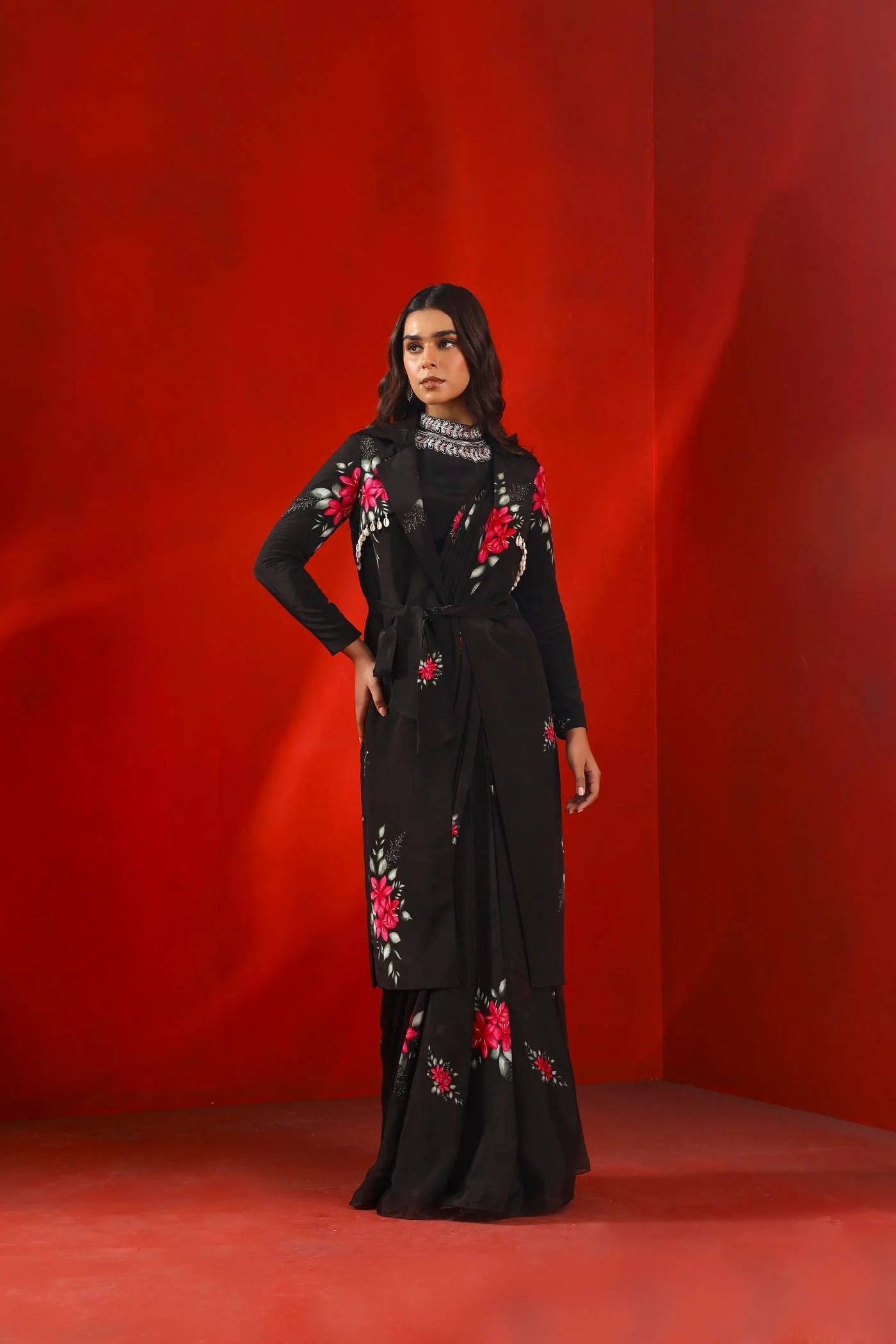 Black magnolia silk trench coat