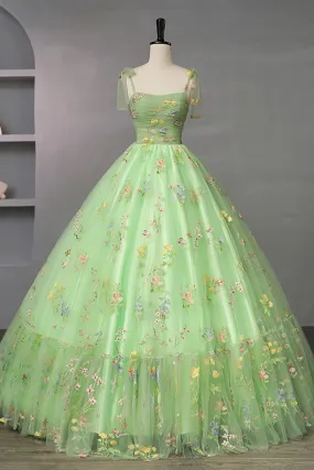 Green Floral Tulle Long Prom Dress, Beautiful A-Line Formal Evening Dress