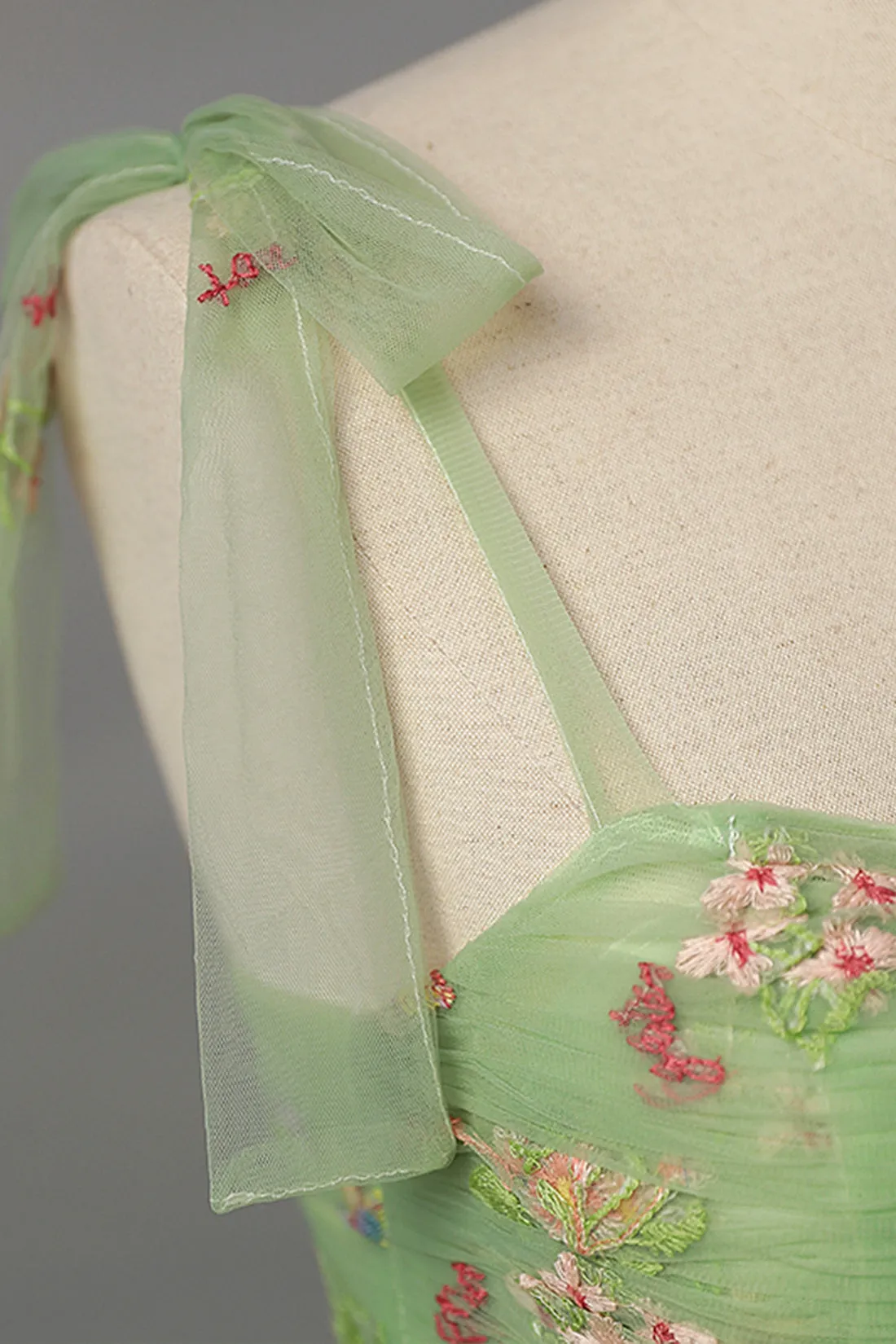 Green Floral Tulle Long Prom Dress, Beautiful A-Line Formal Evening Dress