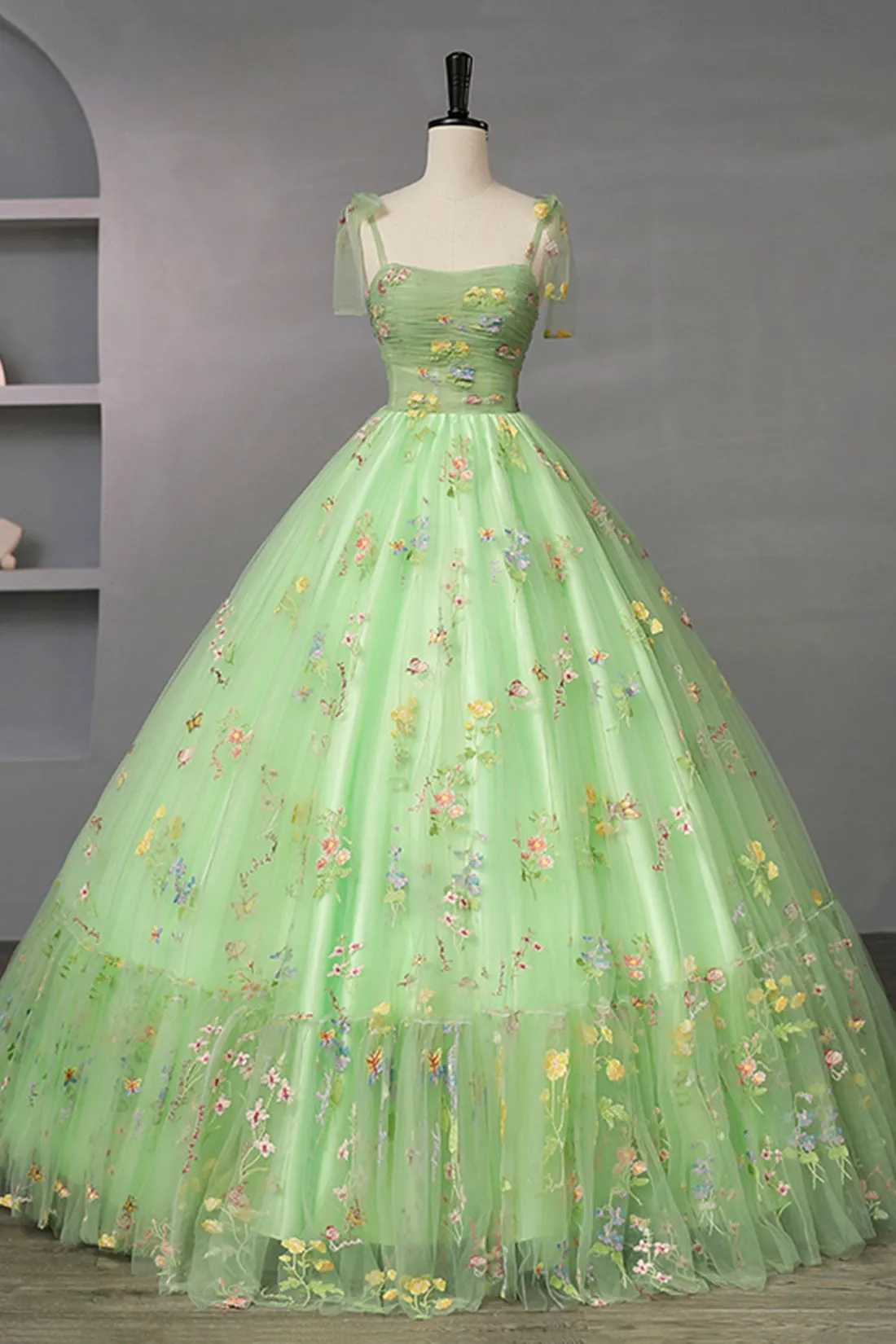 Green Floral Tulle Long Prom Dress, Beautiful A-Line Formal Evening Dress