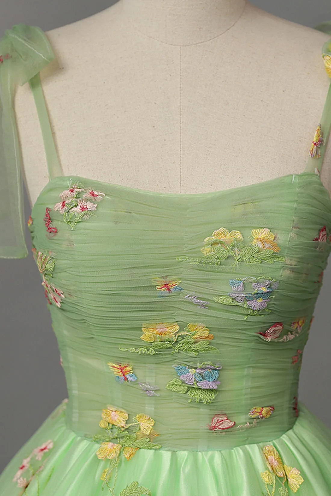 Green Floral Tulle Long Prom Dress, Beautiful A-Line Formal Evening Dress