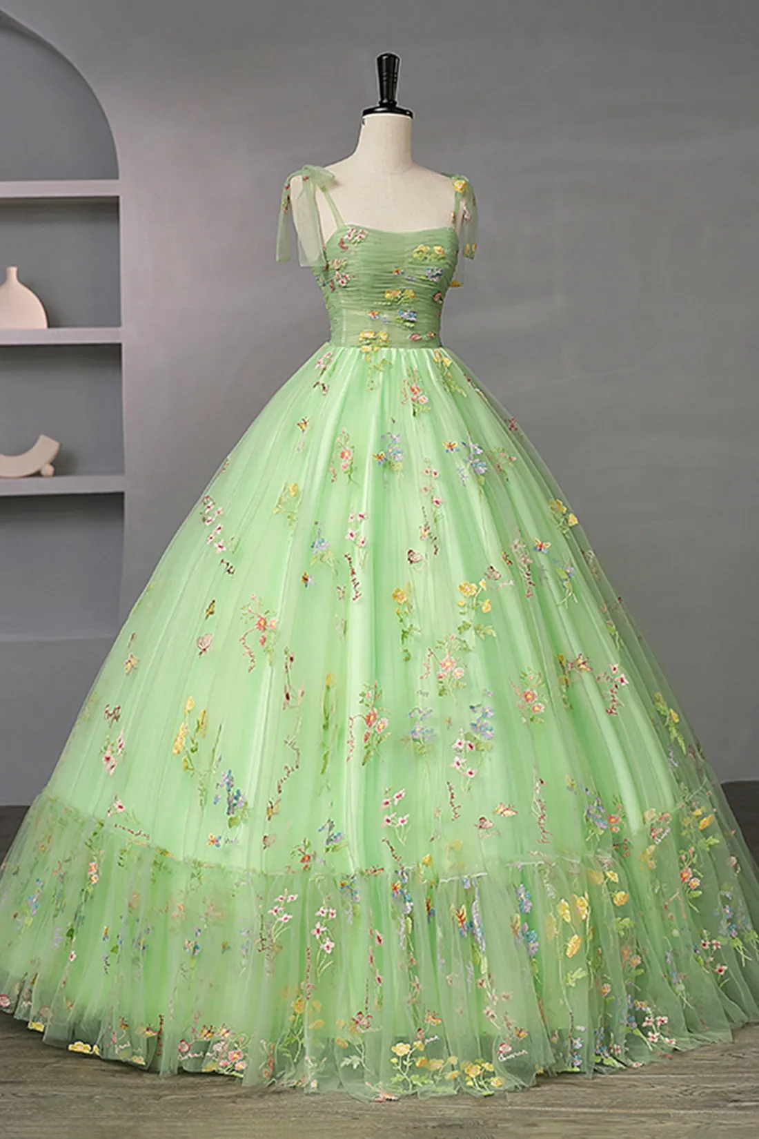 Green Floral Tulle Long Prom Dress, Beautiful A-Line Formal Evening Dress