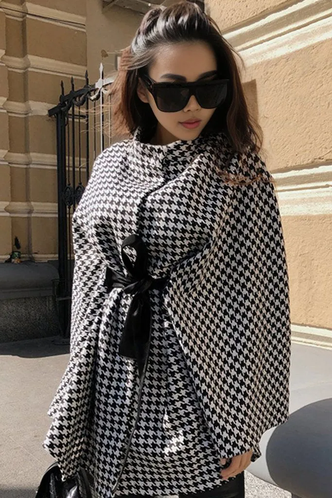 Houndstooth Tie Waist Trench Coat