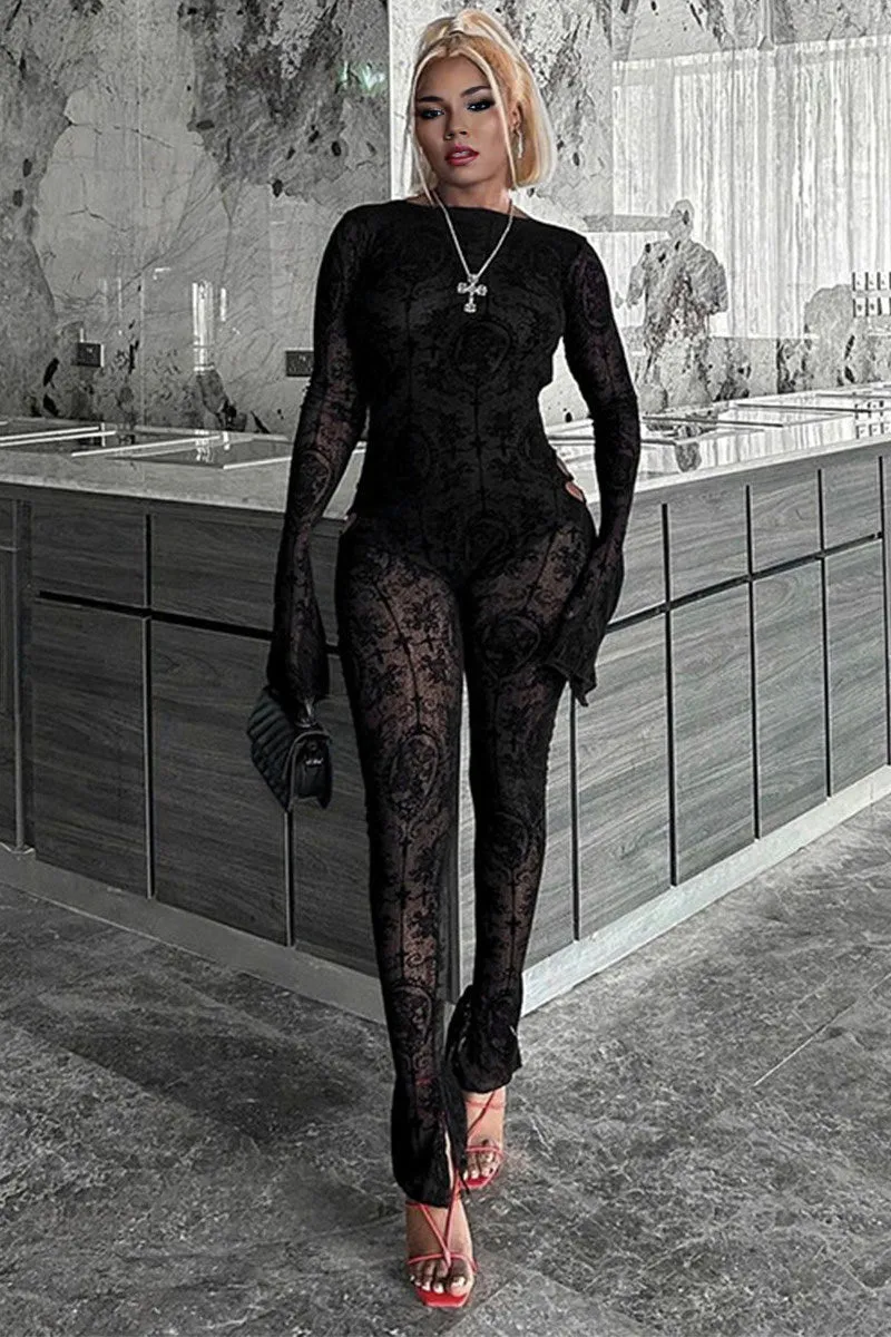 JK639 Long Sleeve Hollow Back Slim-Fit Jumpsuit