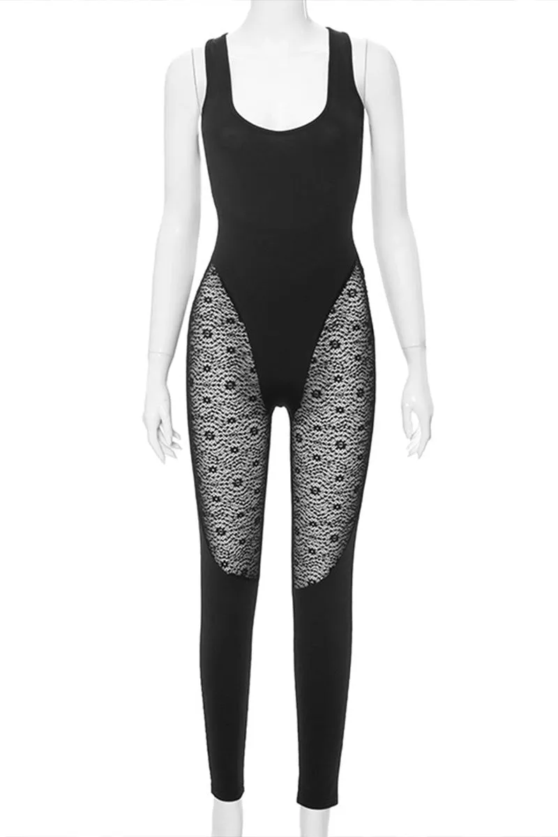 JK691 See Through Square Neck Mesh Sleeveless Jumpsuit