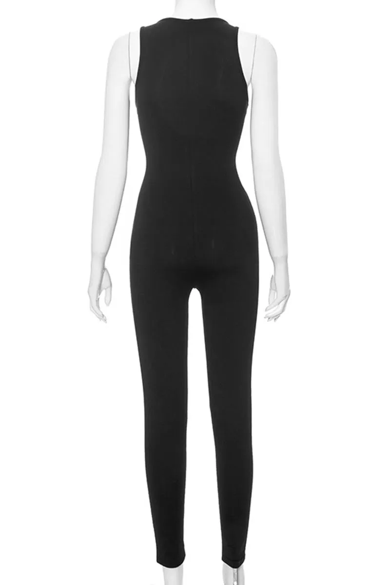 JK691 See Through Square Neck Mesh Sleeveless Jumpsuit