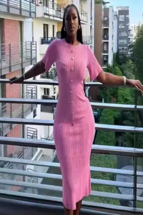 Knitted Midi Dress  Button Short Sleeve Slim Sweater Dresses