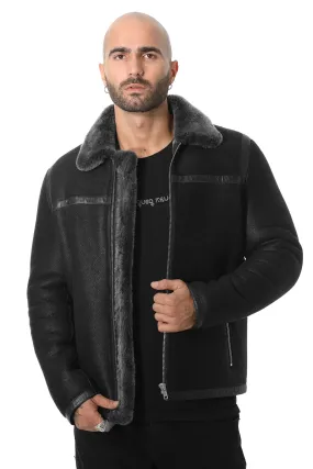 Men's Leather Banded Sheepskin Casual Jacket, Washed Black with Brissa Wool