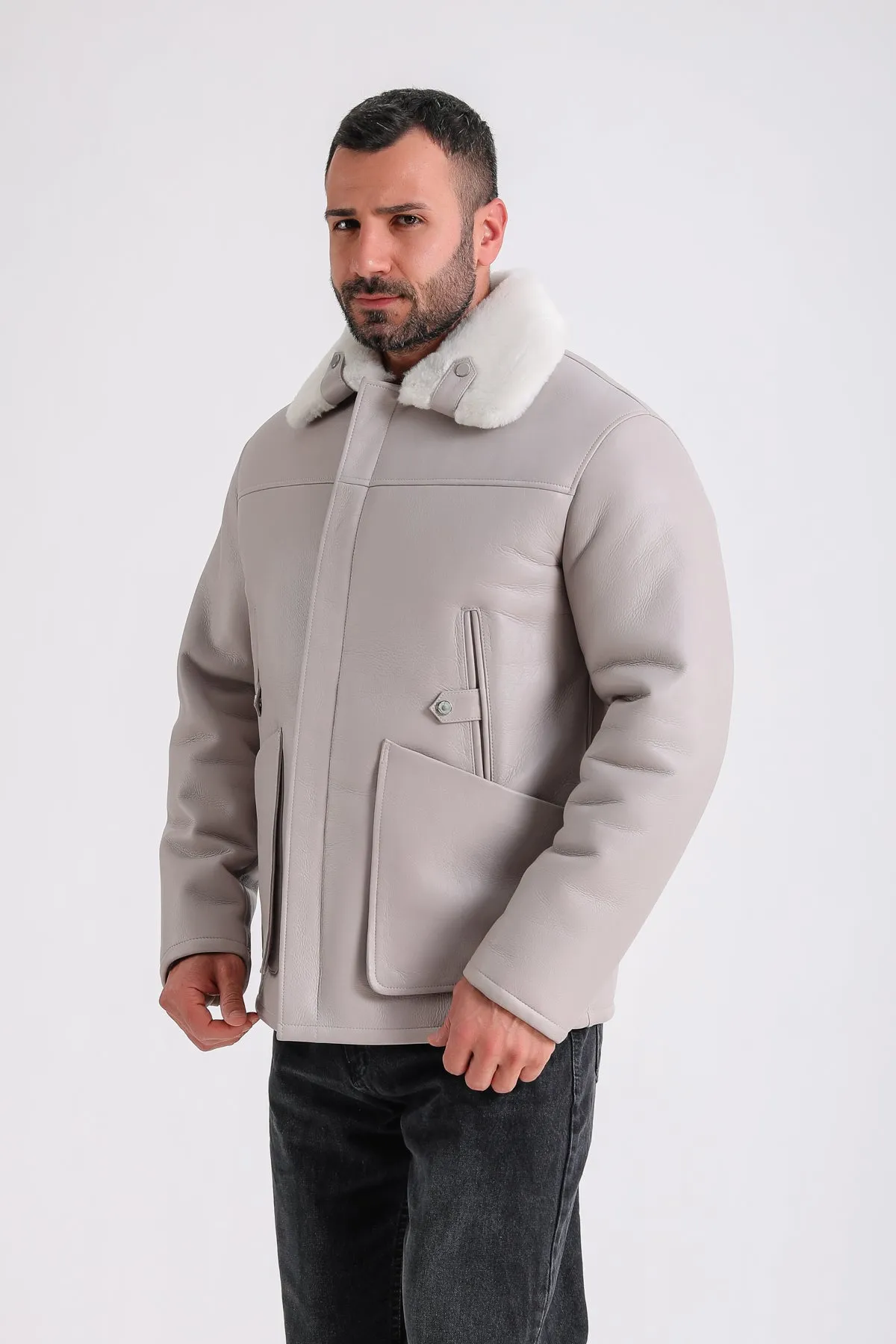 Men's Leather Shearling Jacket, Beige