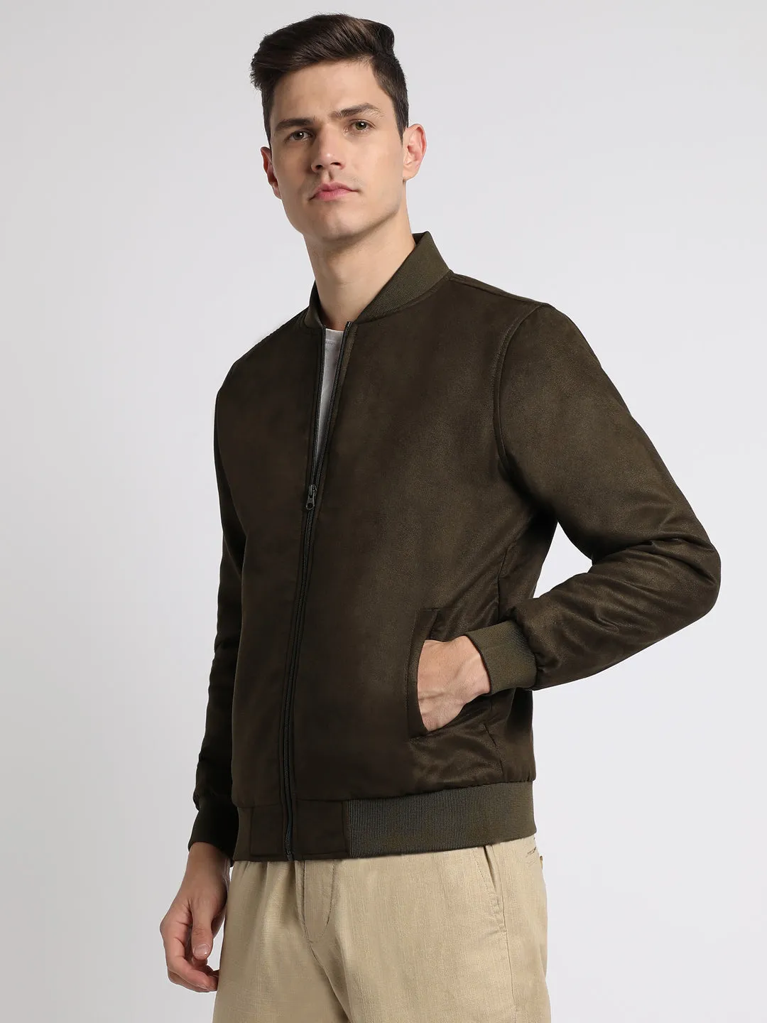 Men's Rib Collar Regular Fit Solid Olive Suede  Bomber Jacket