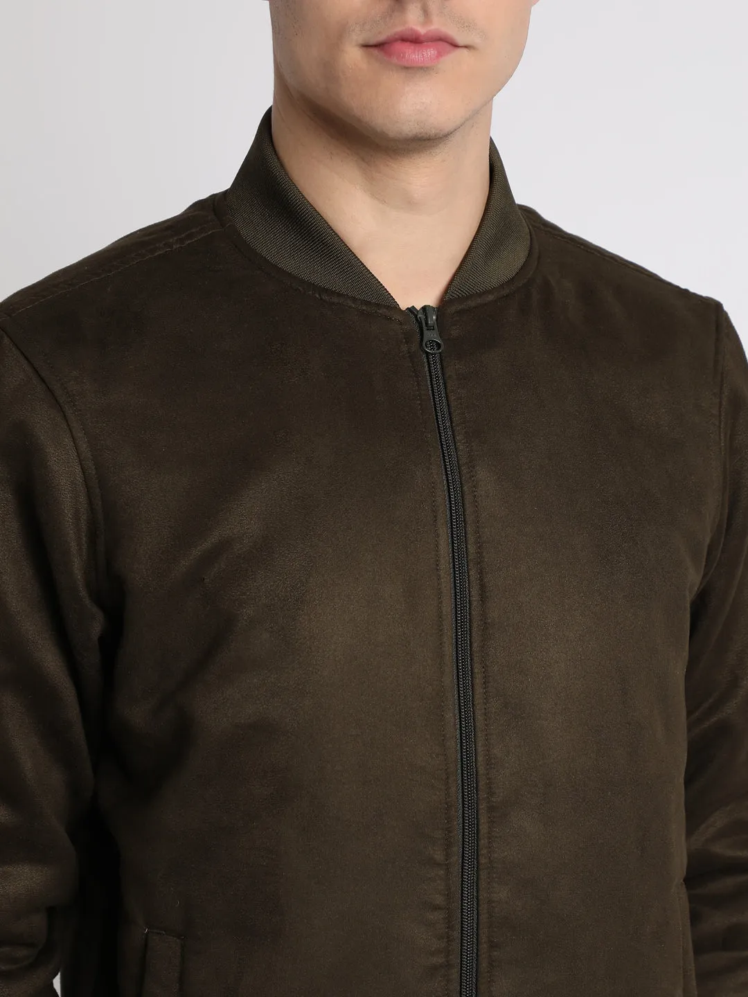 Men's Rib Collar Regular Fit Solid Olive Suede  Bomber Jacket