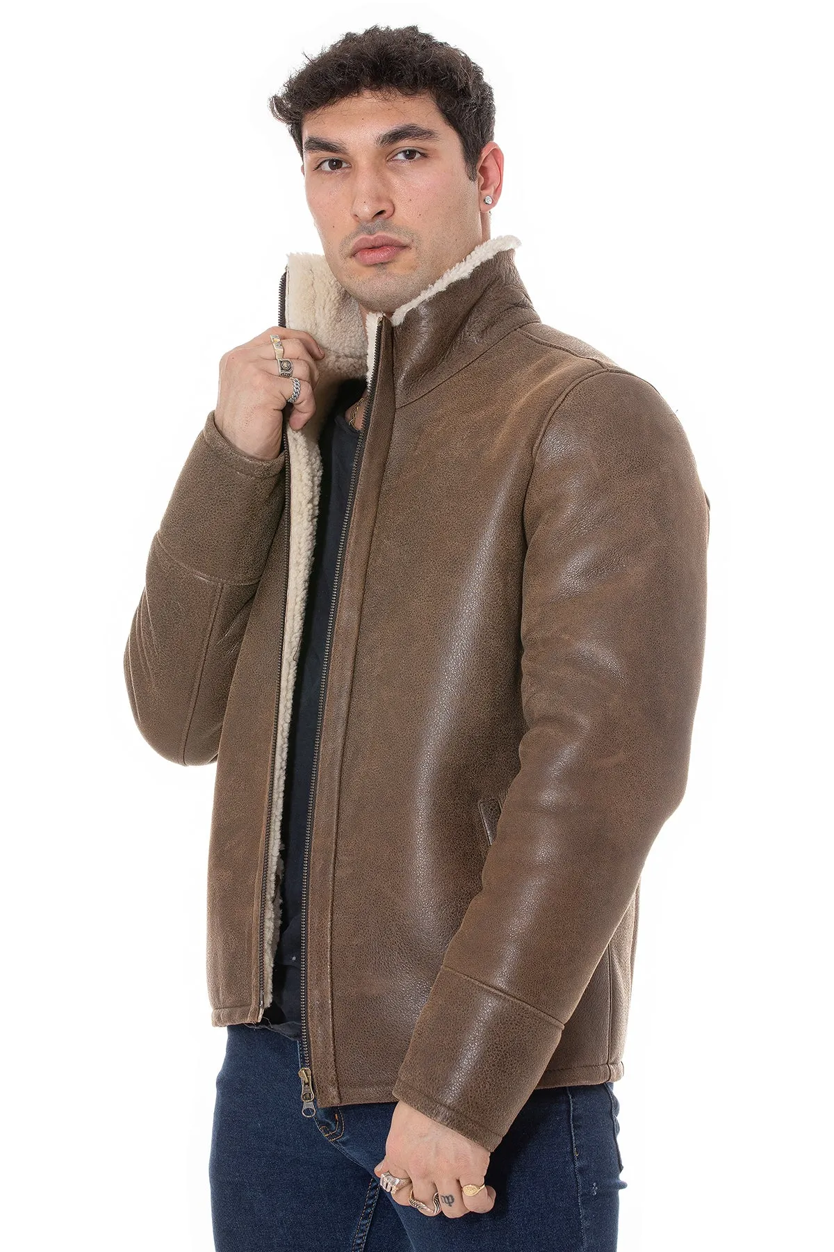 Men's Shearling Casual Jacket, Vintage Camel with Beige Curly Wool