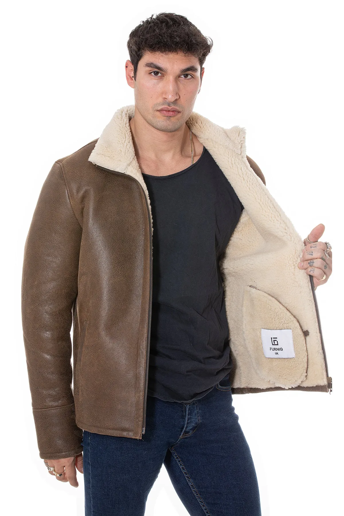 Men's Shearling Casual Jacket, Vintage Camel with Beige Curly Wool
