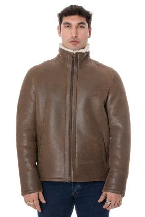 Men's Shearling Casual Jacket, Vintage Camel with Beige Curly Wool
