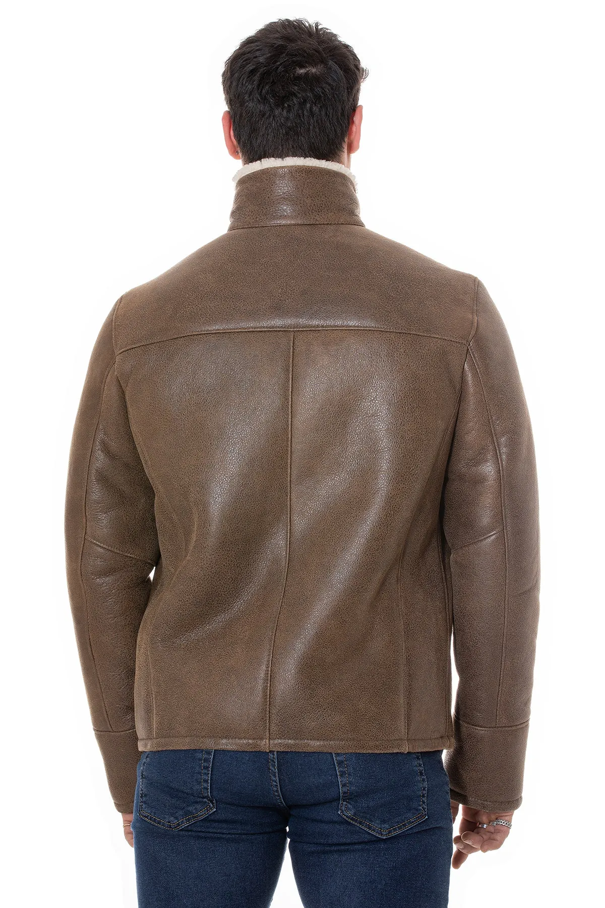 Men's Shearling Casual Jacket, Vintage Camel with Beige Curly Wool