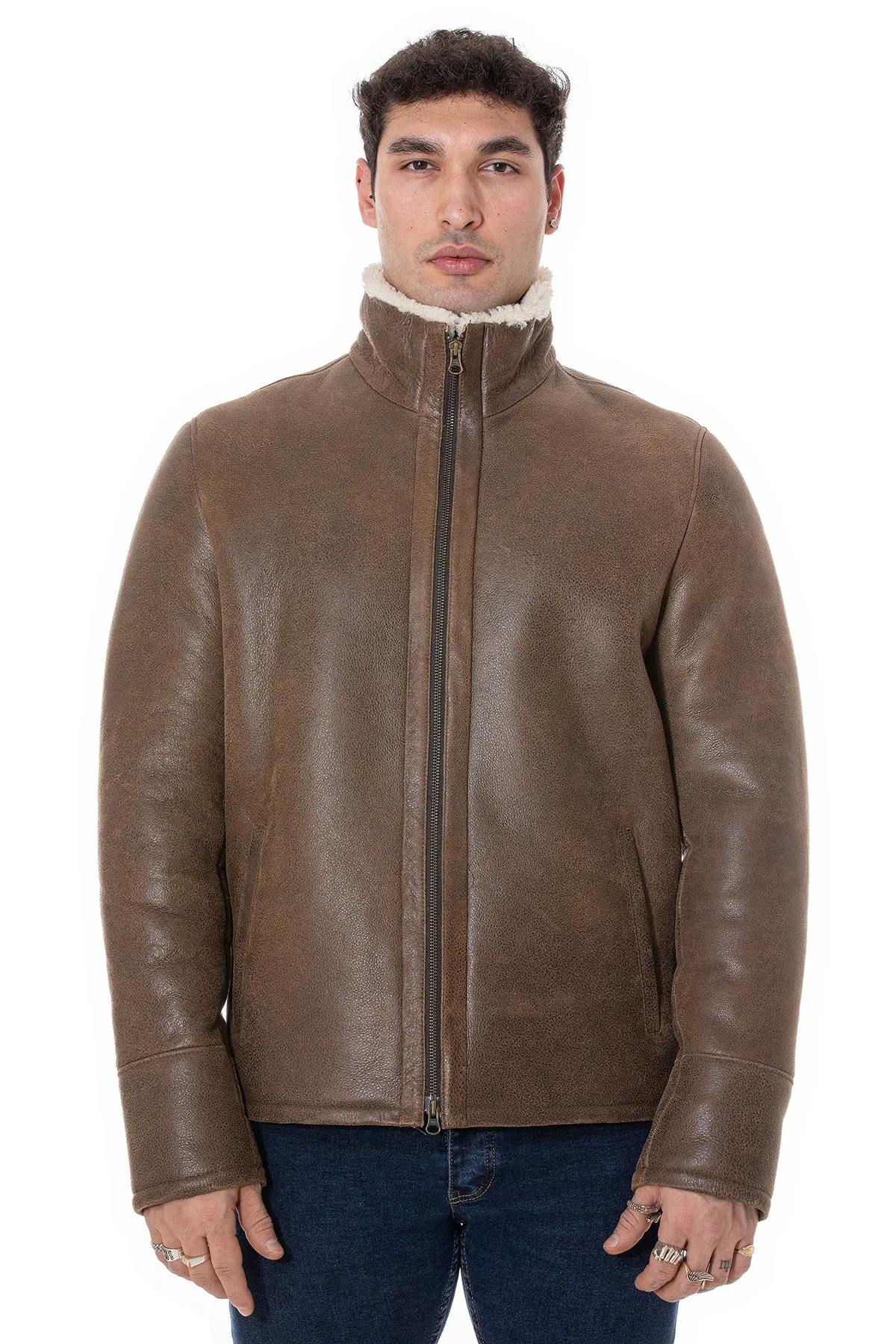 Men's Shearling Casual Jacket, Vintage Camel with Beige Curly Wool