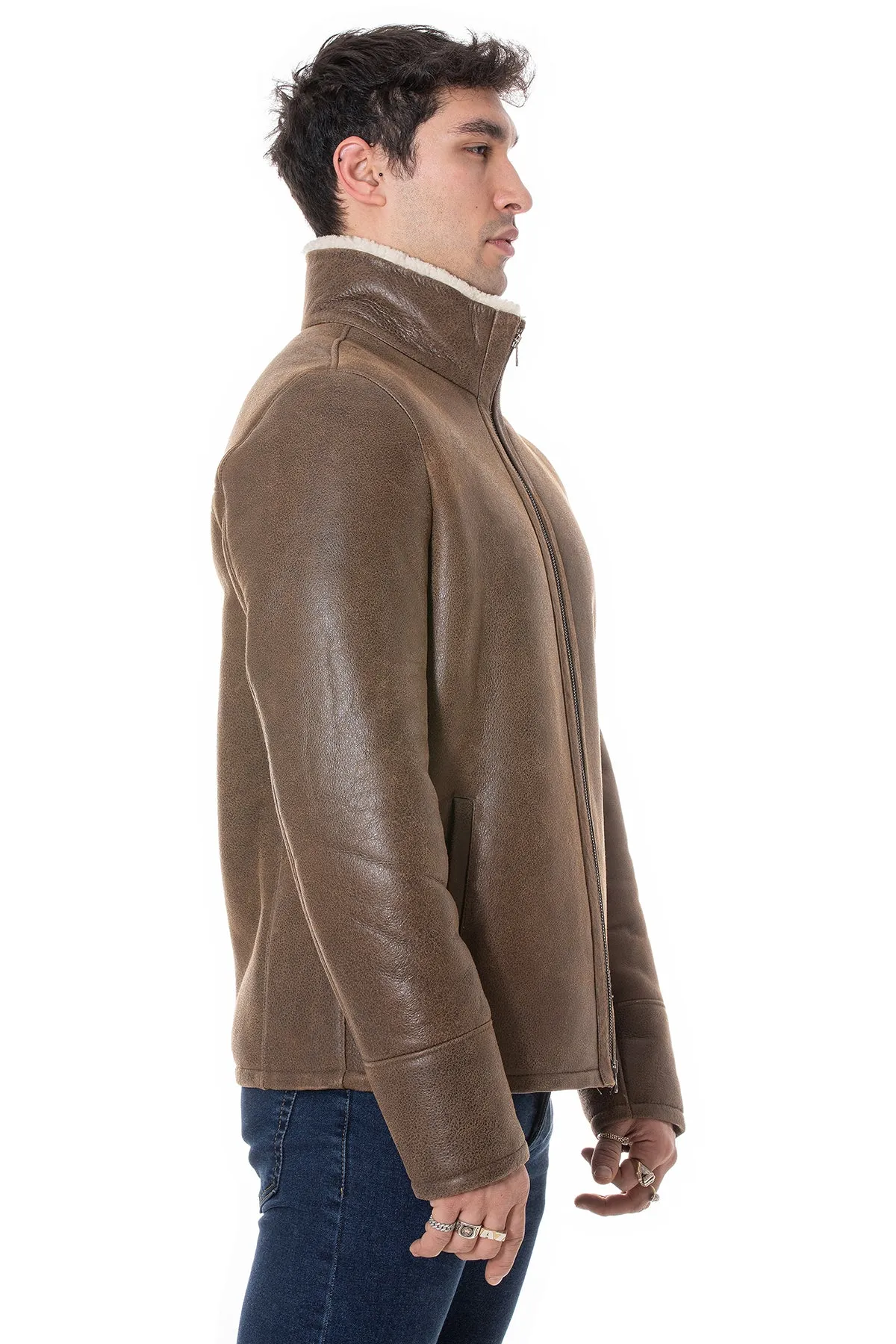 Men's Shearling Casual Jacket, Vintage Camel with Beige Curly Wool