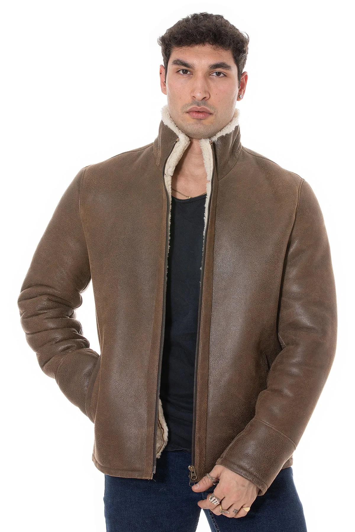 Men's Shearling Casual Jacket, Vintage Camel with Beige Curly Wool