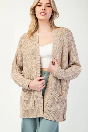 OATMEAL TAUPE SLOUCHY KNIT CARDIGAN WITH FRONT POCKETS