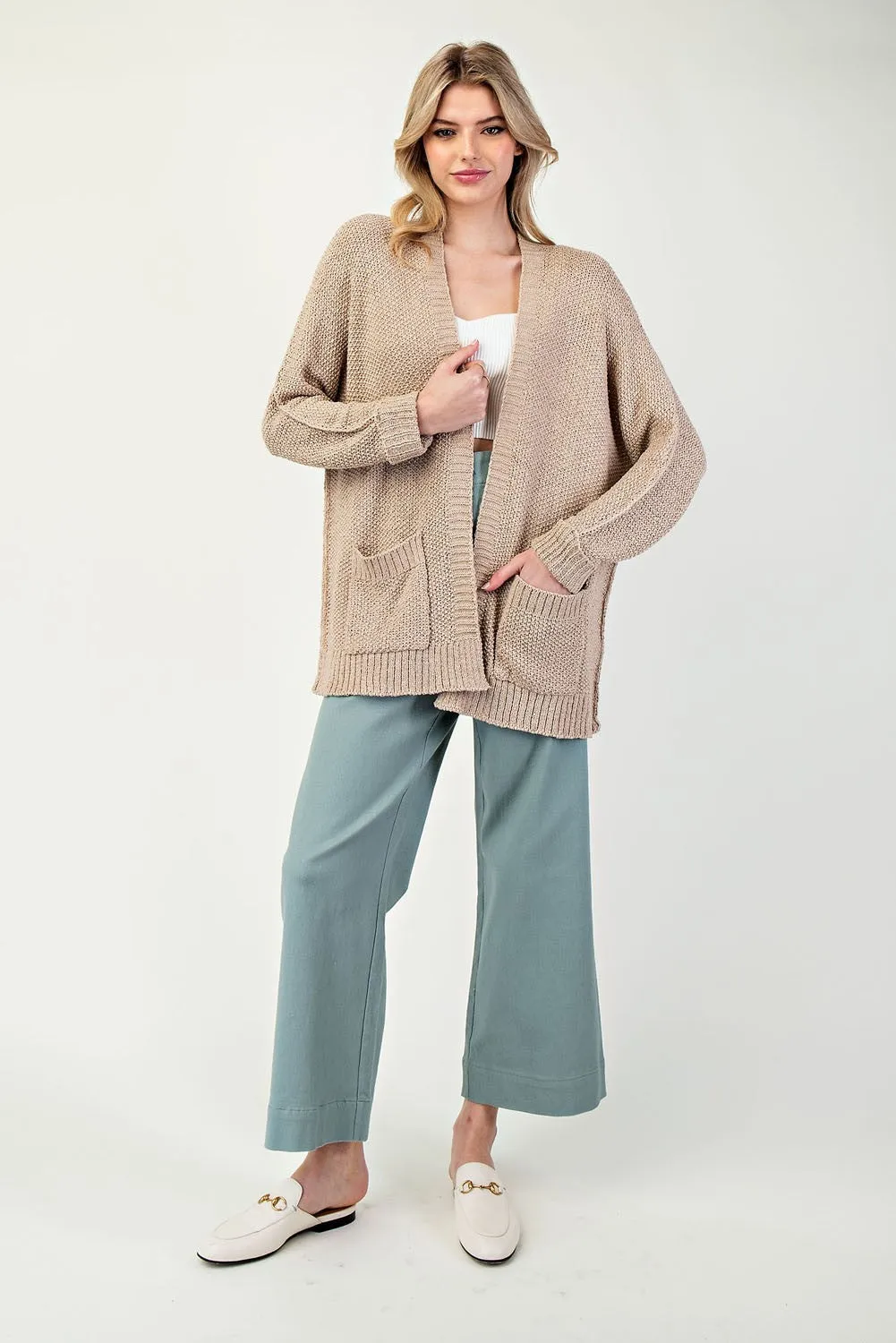 OATMEAL TAUPE SLOUCHY KNIT CARDIGAN WITH FRONT POCKETS