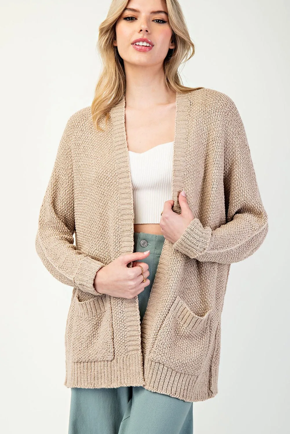 OATMEAL TAUPE SLOUCHY KNIT CARDIGAN WITH FRONT POCKETS