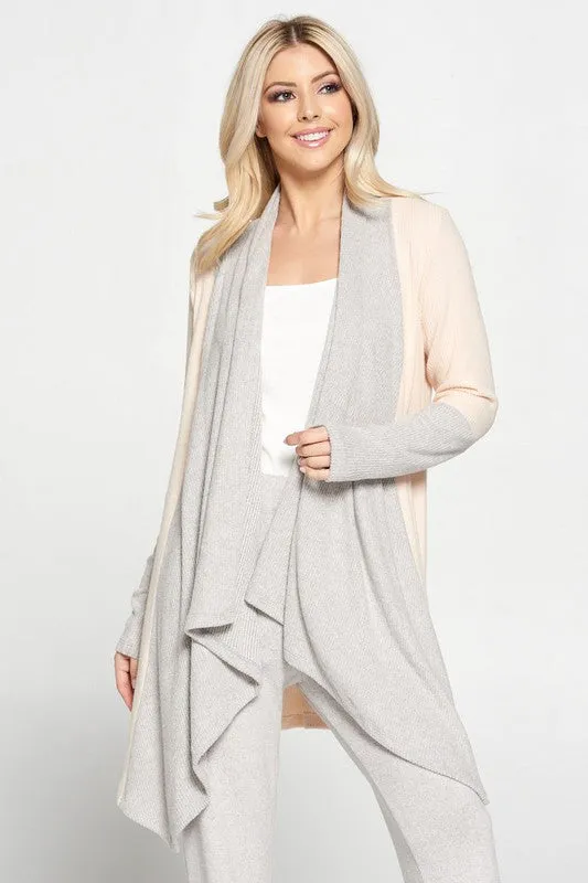 Rib Open Draped Cardigan With Color Block Sleeve