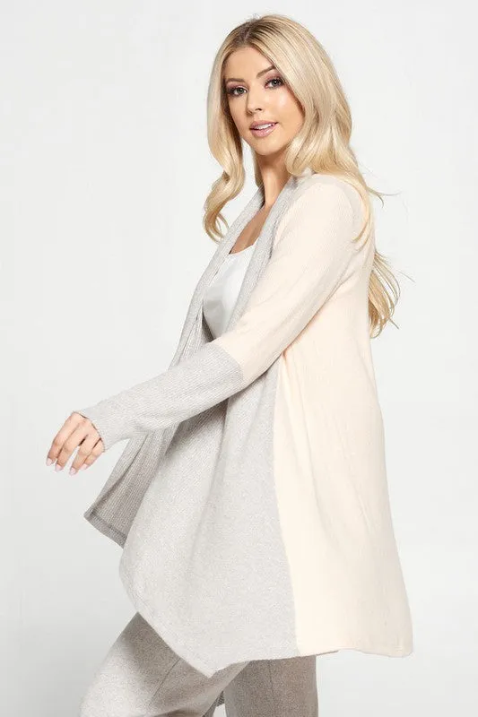 Rib Open Draped Cardigan With Color Block Sleeve