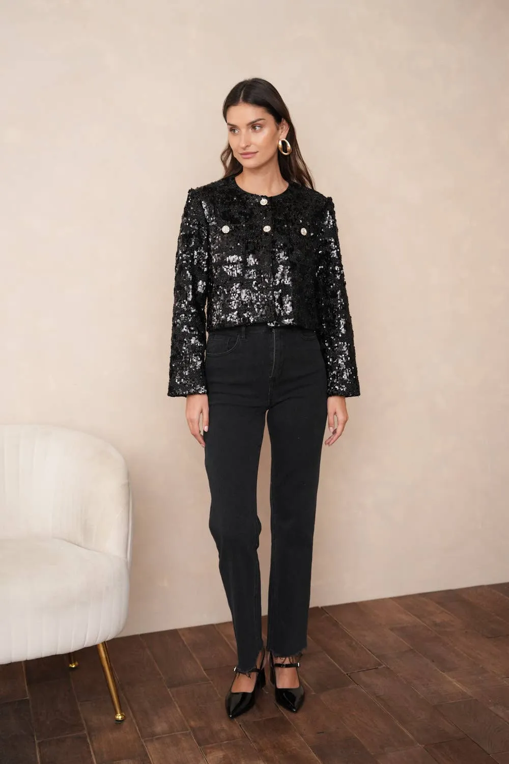 Sequin-embellished jacket - CK08345: Black