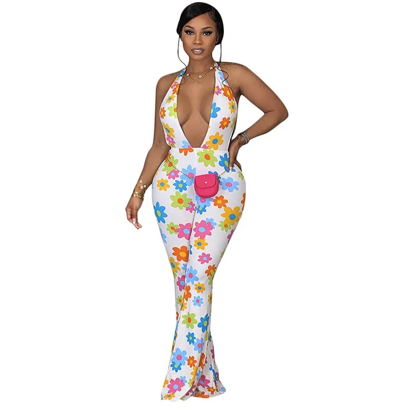 SunnyF lowers Print Flare  Women V Neck Backless  Halter Slim  Summer Jumper r