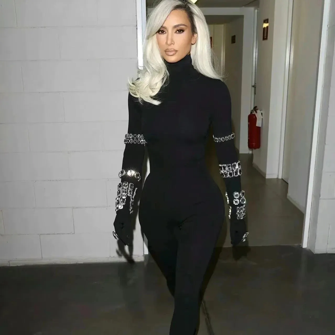 Trend4us Women's Classy Crystal Embellished Long Sleeve Jumpsuit