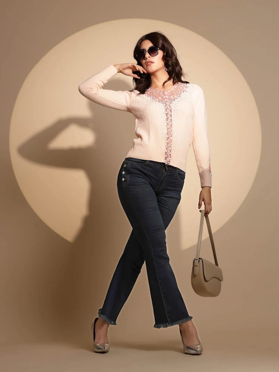 Women's Embroidery V-Neck Peach Cardigan